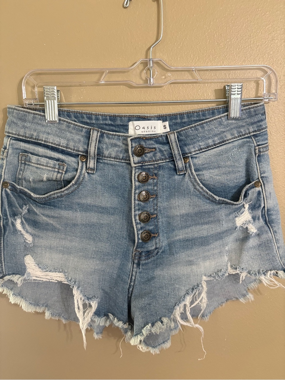 Oasis Light Blue Distressed High-Rise Denim Shorts